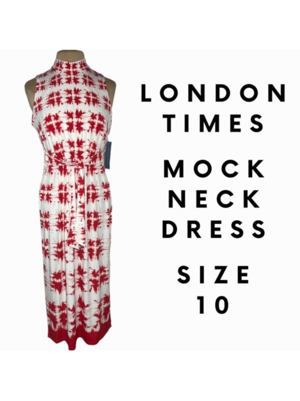 London Times red and ivory dress with Mock Neck Graphic Art Tie Waist